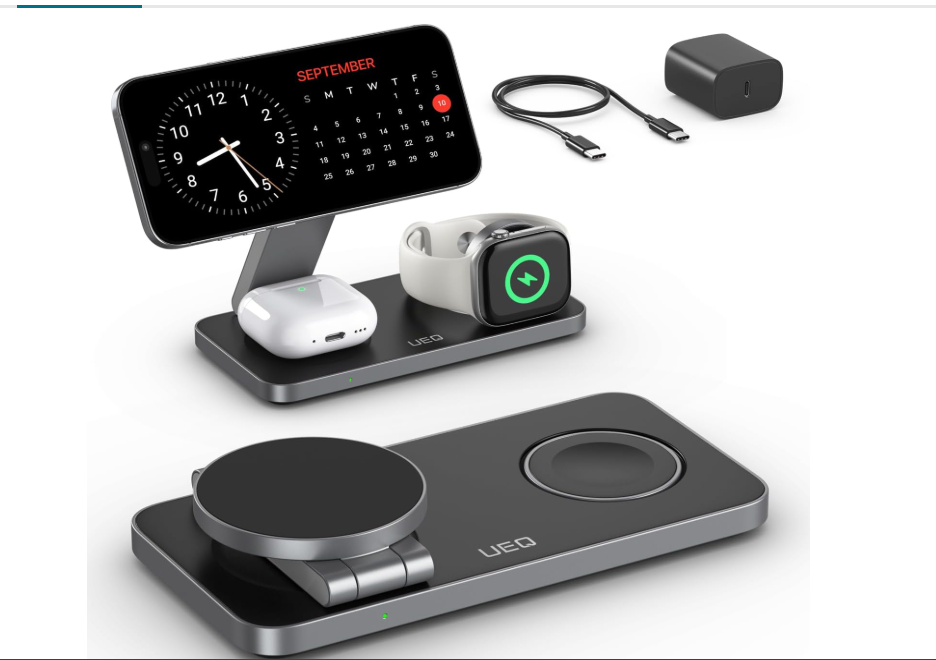 Sleek black foldable 3 in 1 wireless charging station charging an iPhone, Apple Watch, and AirPods simultaneously on a nightstand, unique tech gifts for men who have everything under 50 dollars
