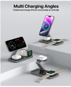 Foldable multi device charging dock compatible with iPhone and Android smartphones on a modern minimalist office desk setup, affordable Amazon holiday gift guide finds for husband or dad.