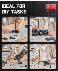Mini battery powered power tool precision screwdriver on a workspace for laptop computer repair and electronic fixes, useful Amazon holiday find for dad husband or boyfriend.